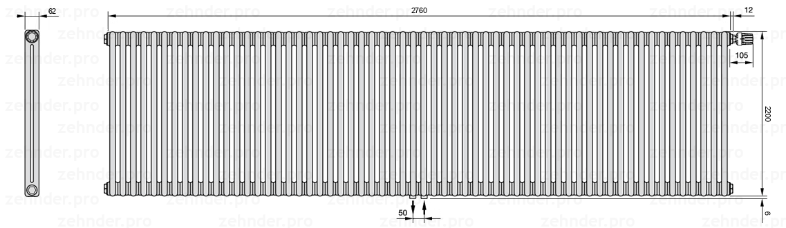 Схема (чертеж) Радиатор Zehnder Charleston 2220/60 №V008 Белый глянцевый RAL 9016